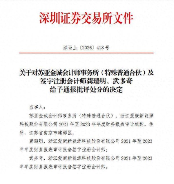 审计过程未勤勉尽责，审计报告存重大遗漏！苏亚金诚所被深交所通报批评