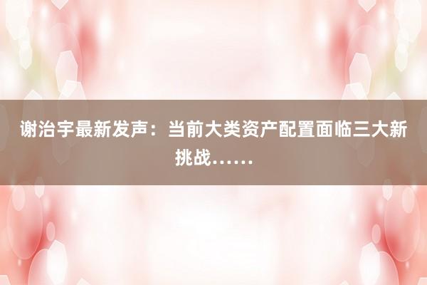谢治宇最新发声：当前大类资产配置面临三大新挑战……